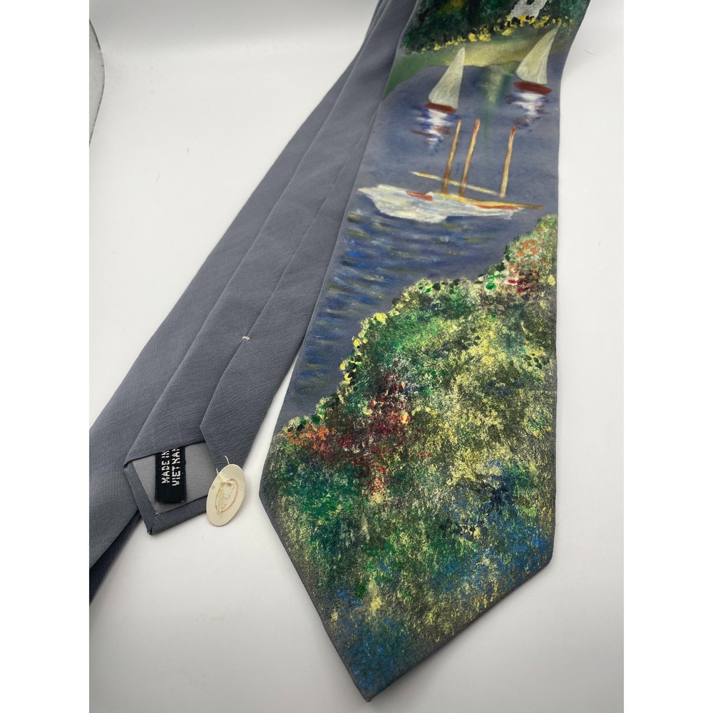 Museum of Fine Arts Boston Silk Tie Hand Painted Impressionist Sailboat Gray